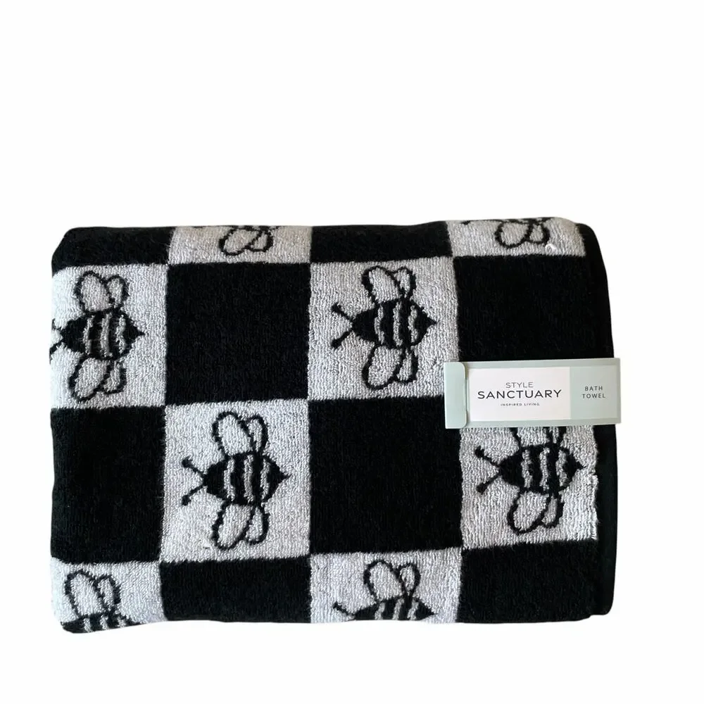 Chic Black & White Checkered BEE Hand Towel Set of 2 100% Cotton
